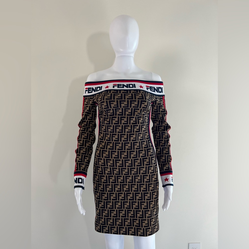 FENDI Printed Off the shoulder long sleeve mini Dress monogram sz38 US2 brown